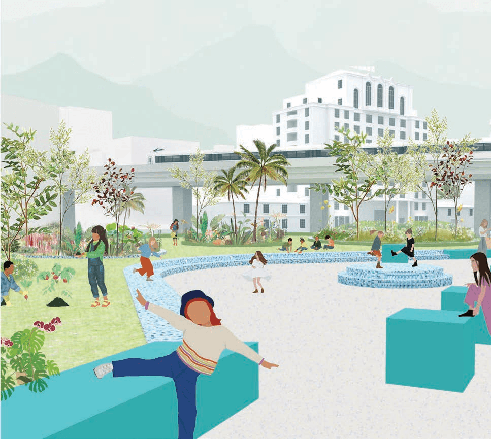 Diagrammatic urban network linking schools, plazas, and informal learning sites