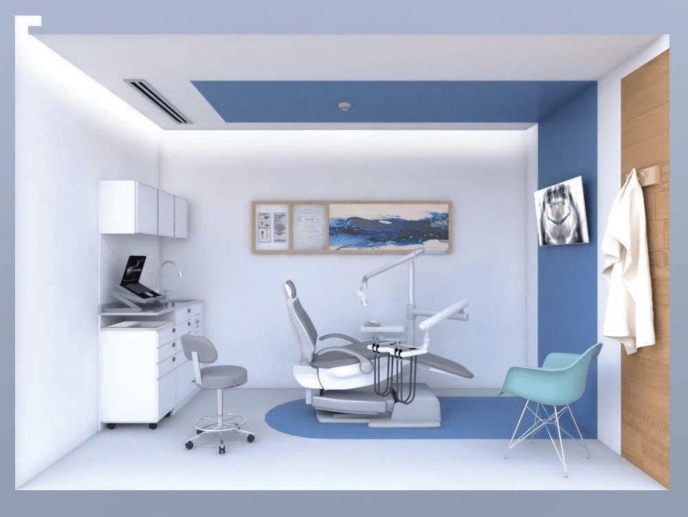 Warm clinic interior with custom millwork and a children’s play niche